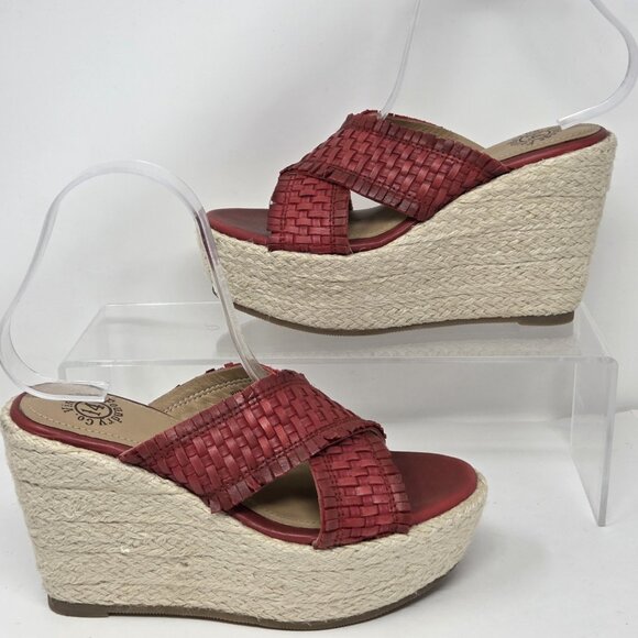 Vintage Foundry Lorie Sz 6.5 Wedge Espadrille Platform Red Leather Sandals Heels - Picture 1 of 13